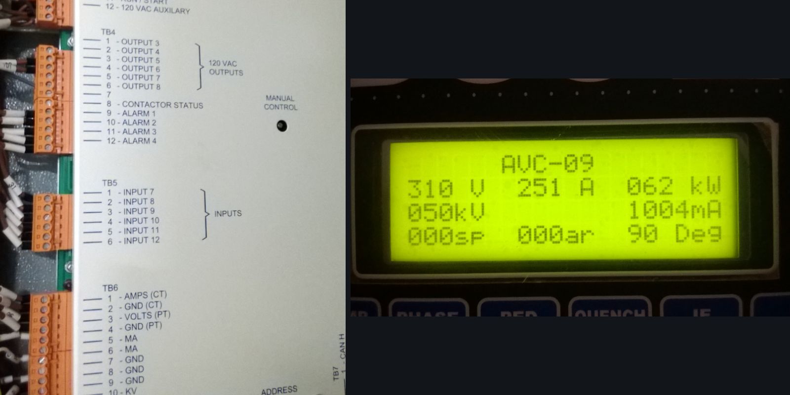 ESP controller interface unit terminations alongside a controller display showing primary volts, primary current, secondary kV and mA