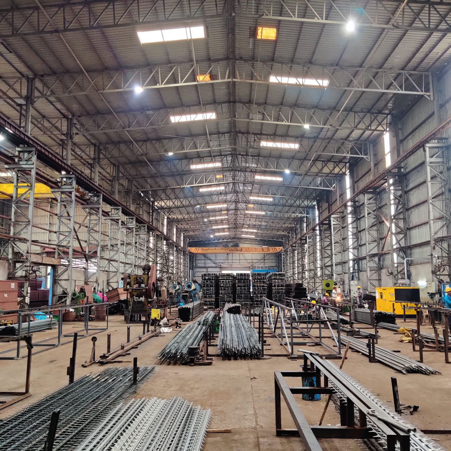 Discharge electrode frames under fabrication across the works floor