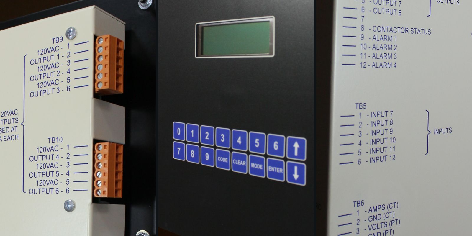 Interface unit output terminations, a DCS interface keypad and display, and interface card terminal labelling