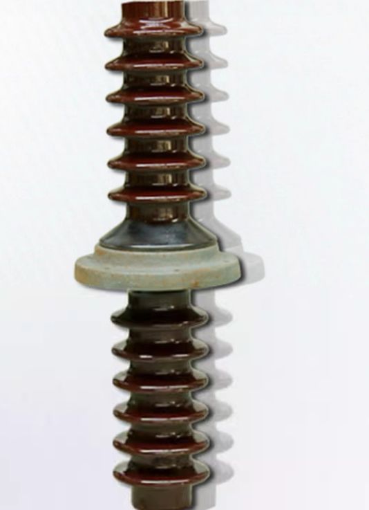 Brown glazed shaft insulator with a central mounting flange