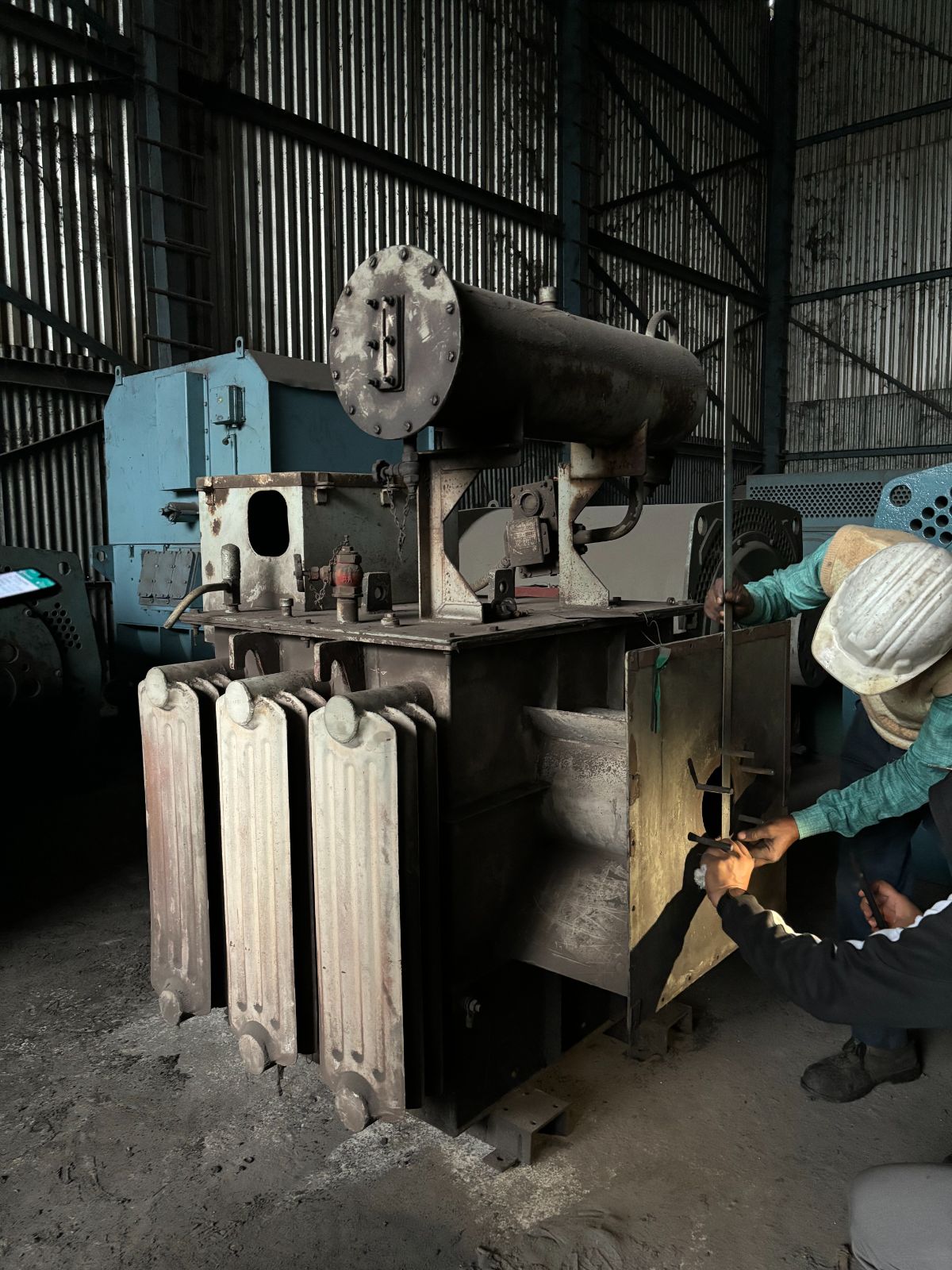 Transformer rectifier set opened up for component replacement at site