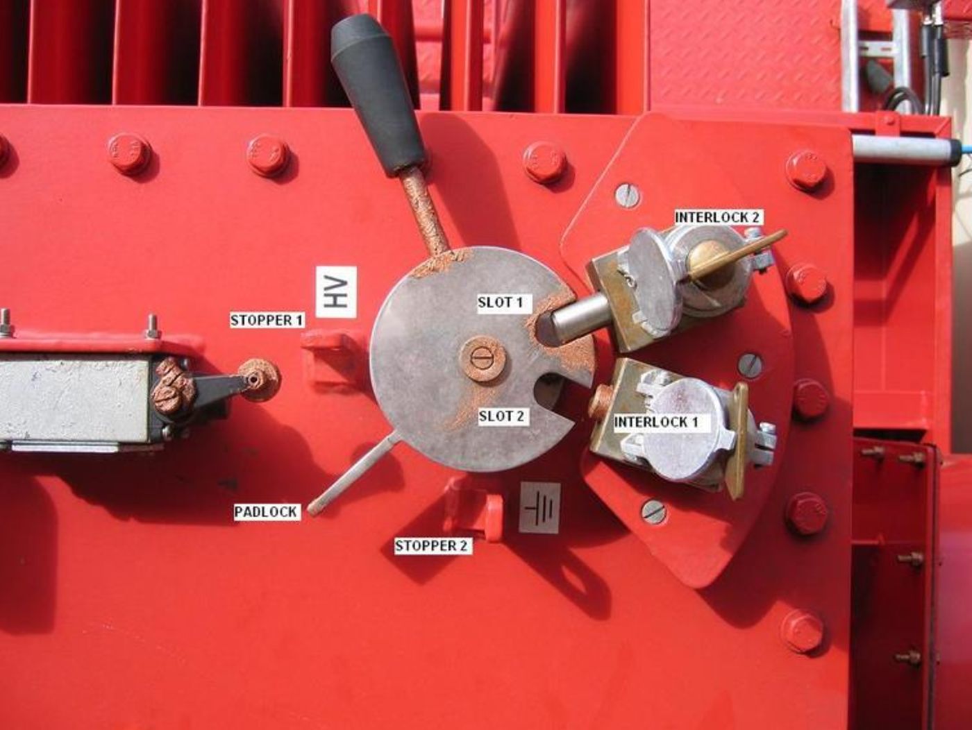 Two position grounding switch operating mechanism with slotted cam, stoppers, padlock provision and key interlocks