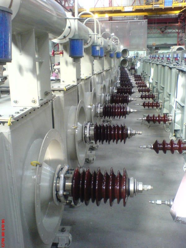 Transformer rectifier sets with high-voltage bushings on the assembly floor