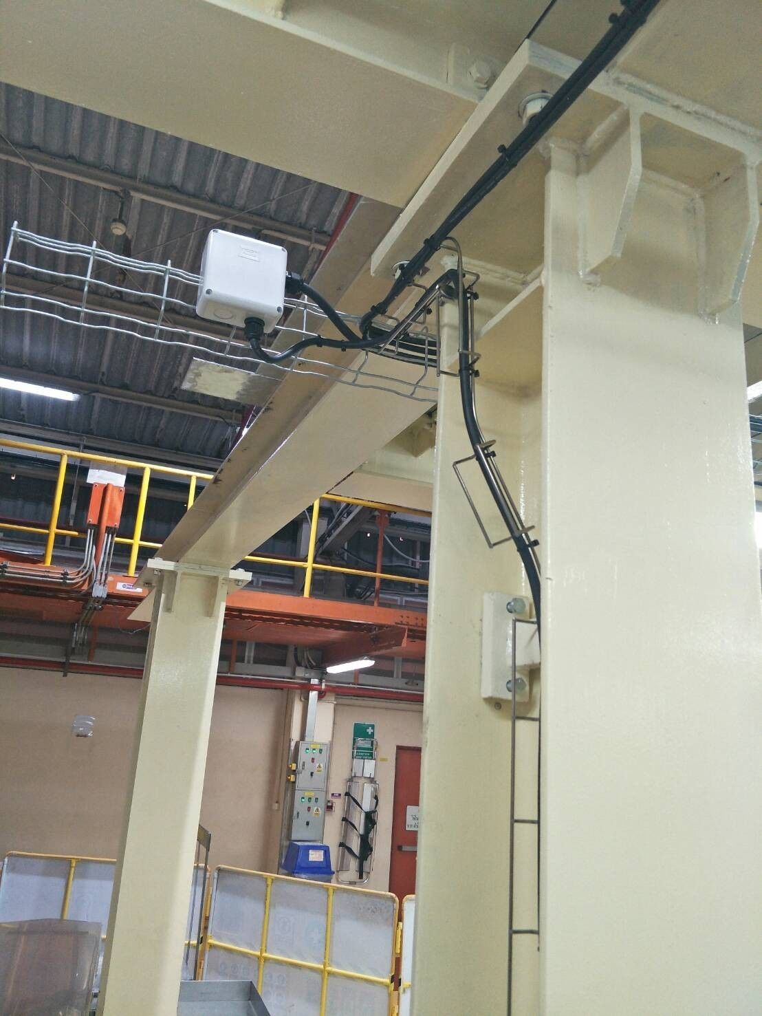 Wire mesh cable tray routed along structural steel in a process plant